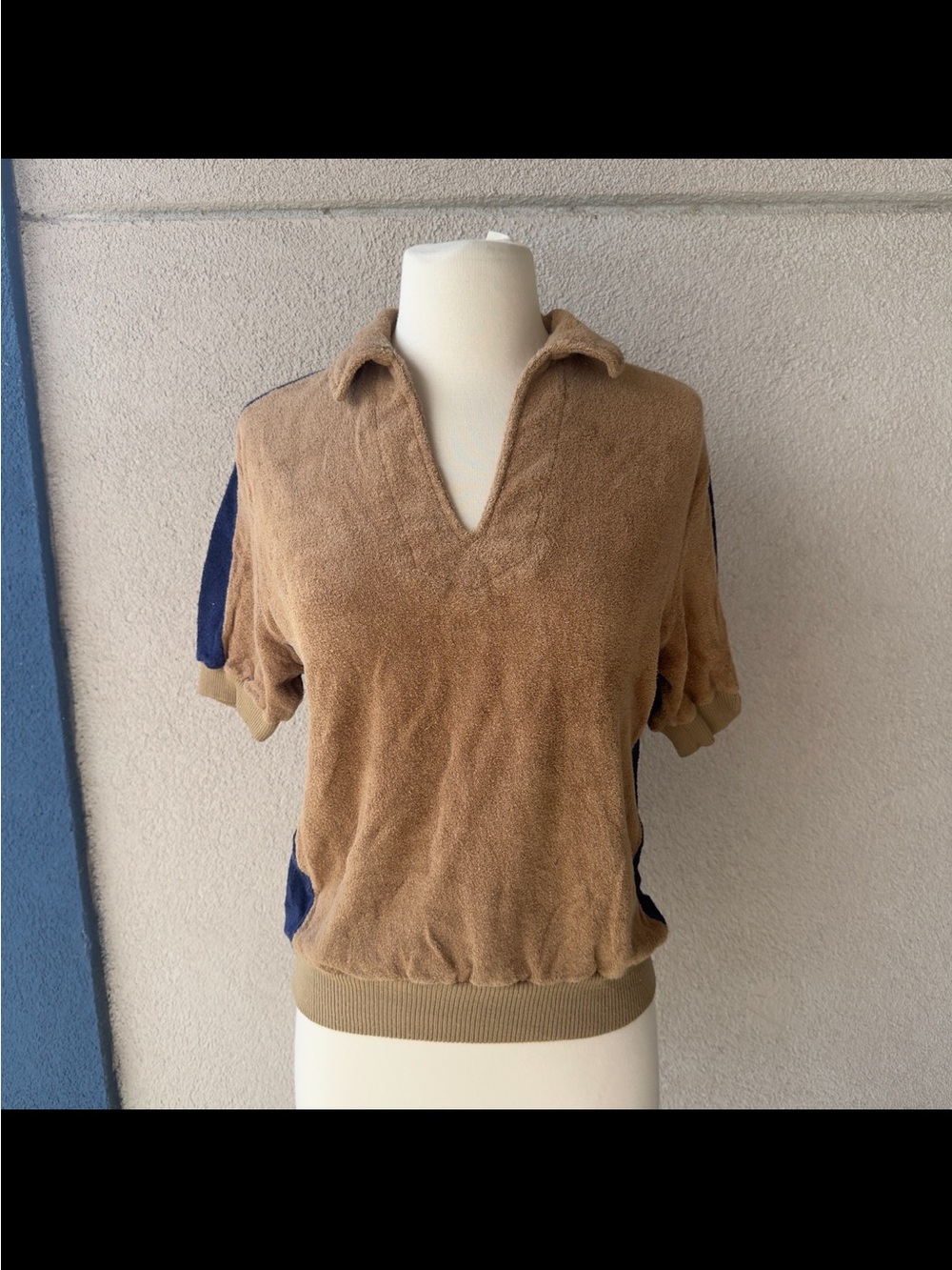 Vintage 1960’s Brittania Tan & Navy Terry Cloth Collared T-Shirt